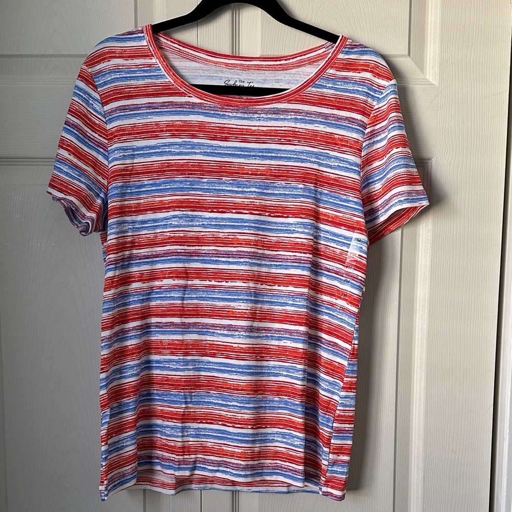The Sydney Tee by Bay Studio Red and Blue Striped Short Sleeve Tee petite medium